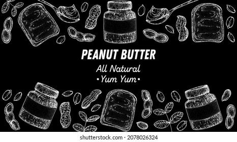Peanuts and ingredient for peanut butter sketch. Breakfast for energy. Hand drawn vector illustration. Design template. Vegan food. Peanut nut butter set.