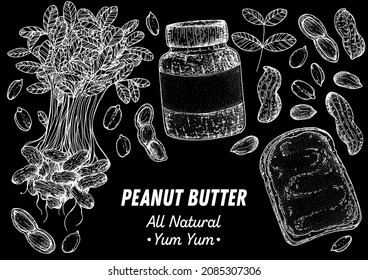 Peanuts and ingredient for peanut butter sketch. Breakfast for energy. Hand drawn vector illustration. Design template. Vegan food. Peanut nut butter set.