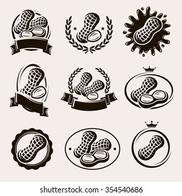 Peanuts label and icons set. Vector