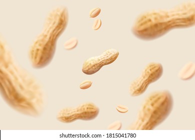 Peanuts and nut pods falling on beige background in 3d illustration, used for design element