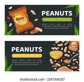 Peanuts organic product flyer templates set. Natural nutritional product banner, poster, card, promotional leaflet cartoon vector