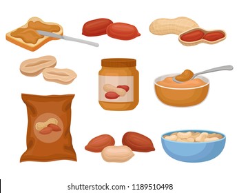 Peanuts and peanut butter set, nutritious groundnuts products vector Illustration on a white background