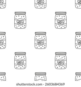 peanuts seamless pattern in contour with cute butter jar, vector illustration of nuts in cartoon flat style, food background