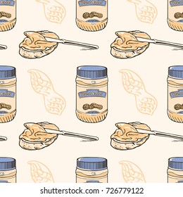Peanuts seamless pattern with cute butter jar and sandwich. Freehand ink hand drawn picture sketchy in art vintage scribble style pen on paper. Closeup view. Seamless pattern peanut pod for packaging.
