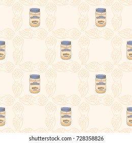 Peanuts seamless pattern with cute butter jar and sandwich. Freehand ink hand drawn picture sketchy in art vintage scribble style pen on paper. Closeup view. Seamless pattern peanut pod for packaging.