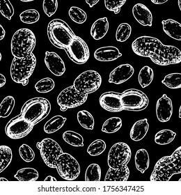 Peanuts seamless pattern. Peanuts nuts hand drawn sketch. Nuts vector illustration. Organic healthy food. Great for packaging design. Engraved style. Black and white color.