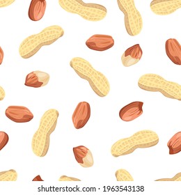 Peanuts seamless pattern. Vector illustration of nuts in cartoon flat style. Food background.