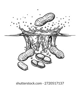 Cacahuetes en concha y cáscara que caen en el agua que crea un chapoteo Dibujo de la línea del contorno blanco y negro