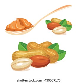 Peanuts, a spoon with peanut butter. Vector illustration.