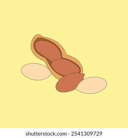 Peanuts vector illustration isolated on yellow background. Peeled and unpeeled nuts. 
