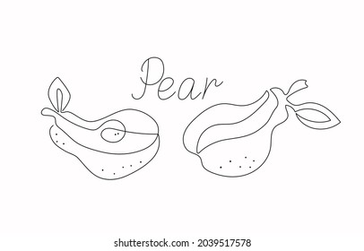 Pear abstract. One line drawing. Whole fruit and a slice. Line art with text. Vector illustration. Isolated background.