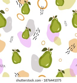 Pear abstract pattern. Green pear with abstract shapes and lines on white background. Vector print for packaging design, wall paper, bed linen, fabric print