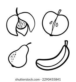 Ilustraciones de garabatos de peras, manzanas y bananas. Esbozar frutos bonitos