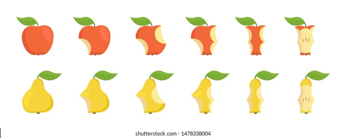 Pear and apple bite stage set. From whole to core gradual decrease. Bitten apple and eaten pear. Animation progression. Flat vector illustration.
