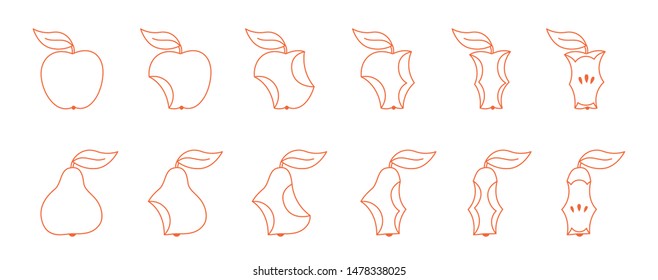 Pear and apple bite stage set. From whole to core gradual decrease. Bitten apple and eaten pear. Animation progression. Outline contour line flat vector illustration.