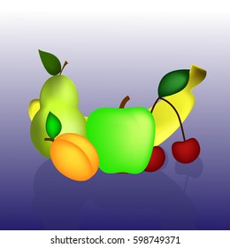 pear, Apple, cherry, banana and apricot on a blue background
