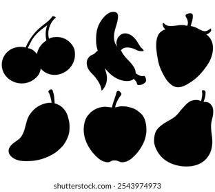 Pear, Apple, Cherry, Plum Abstract Set of Fruit Silhouettes, Vector Illustration