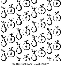 Pear with apple in doodle style. Seamless pattern. Vector illustration isolated on white background.