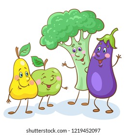 Pear, Apple, Egglant and Broccoli. Meeting of happy, cartoon fruits and vegetables. Isolated on white background. Vector illustration.