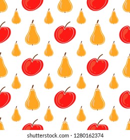 Pear and apple fruit color vector seamless pattern. Simplified retro illustration. Wrapping, scrapbook paper background.Childish cartoon style bright garden. Element design, wallpaper, fabric printing