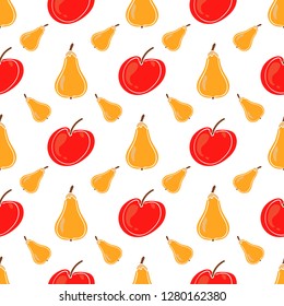 Pear and apple fruit color vector seamless pattern. Simplified retro illustration. Wrapping, scrapbook paper background.Childish cartoon style bright garden. Element design, wallpaper, fabric printing