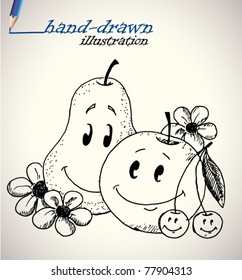 pear and apple fruit sketch - hand-drawn illustration