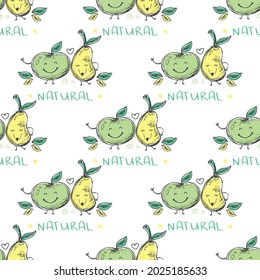 Pear and apple with funny faces. Hand drawn natural fruits hugging. Seamless pattern with doodle of fresh foods. Sketches of happy characters. Texture with colourful fruit. Vector illustration