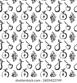 Pear with apple and grapes in doodle style. Seamless pattern. Vector illustration isolated on white background.