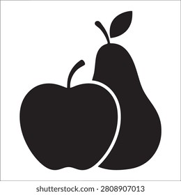 Pear and Apple Icon, Solid Black Silhouette on White Background for Healthy Nutrition Concept Design