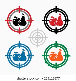 Pear and apple icons on target icons background. Crosshair icon. Vector illustration.