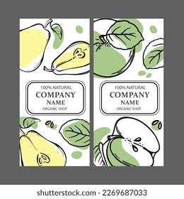 PEAR APPLE LABELS Vertical Stickers Design For Shop Of Tropical Organic Natural Fresh Juicy Fruits And Dessert Drinks In Sketch Style Vector Illustration Set