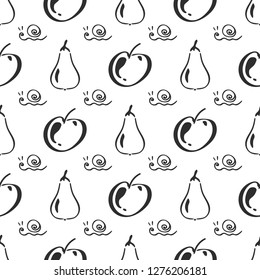 Pear apple leaf and snail vector seamless pattern. Simplified retro illustration. Wrapping, scrapbook paper background.Childish cartoon style bright garden. Element design, wallpaper, fabric printing.