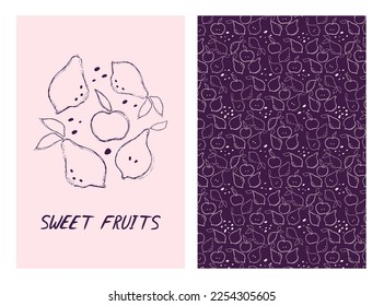 Pear and apple linear illustration.Beautiful print with hand drawn fruits.