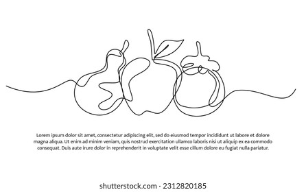 Pear, apple and mangosteen one continuous line design. Fruits symbol design concept. Decorative elements drawn on a white background.