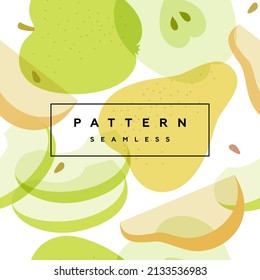 Pear and Apple  seamless pattern. Fruits and berries background. Transparent berries, fruits and frame with text is on separate layer. 