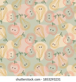 Pear and apple seamless pattern. Hand drawn vector illustration. Pen or marker doodle sketch. Line art fruits silhouettes. Repeat contour drawing.