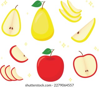 Pear and apple set. Whole and pieces. Slices of pear and apple. 