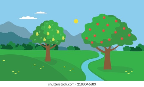 Pear and apple trees in the garden near the stream