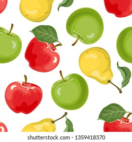 Pear apples seamless pattern. Red, yellow and green fruits with leaves on a white background. Food vector illustration in cartoon simple flat style.