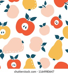 Pear and apples vector seamless pattern. Cute colorful background texture for kitchen wallpaper, textile, fabric, paper. Flat fruits background. Vegan, farm, natural food illustration. Doodle style