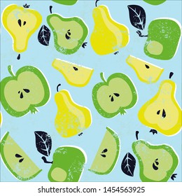 Pear and apples vector seamless pattern. Cute colorful background texture for kitchen wallpaper, textile, fabric, paper. Flat fruits background. Vegan, farm, natural food illustration. 