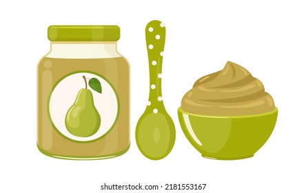 Pear baby food puree in glass jar with polka dot spoon and bowl, vector illustration isolated on white background