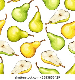 Pear Background. Seamless Pattern with fresh fruits. Seamless pattern with pears. Food Pattern. Fruits Background. Mixed fruits Pattern. Kitchen vibrant design. Hand drawn vector illustration