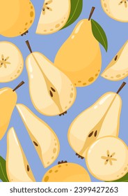 Pear background with whole and slices fruits. Summer vitamin vector illustration for banner, poster, flyer, card. a4 format