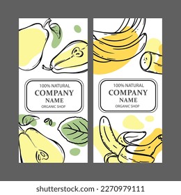 PEAR BANANA LABELS Vertical Stickers Design For Shop Of Tropical Organic Natural Fresh Juicy Fruits And Dessert Drinks In Sketch Style Vector Illustration Set