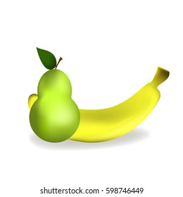pear and banana on white background with shadow
