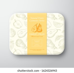 Pear Bath Cosmetics Package Box. Abstract Vector Wrapped Paper Container with Label Cover. Packaging Design. Modern Typography and Hand Drawn Fruits Background Pattern Layout. Isolated.