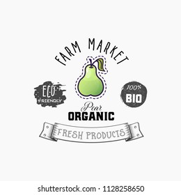 Pear Bio sticker and eco products. Pear web element, Isolated Vector.