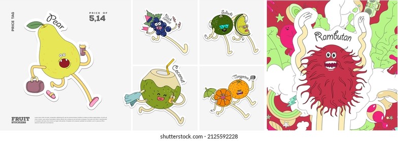 Pear, Blackcurrant, Coconut, Tangerine, Rambutan. Fruit. Set of vector stickers. Funny characters in doodle style. Hand-drawn cartoon icons with stroke.