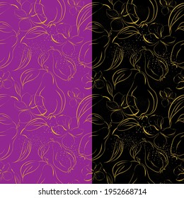 Pear bloom seamless pattern. Luxury gold color sketch line, hand drawn brush outline illustration. Lilac or black background is easy to change. Vector